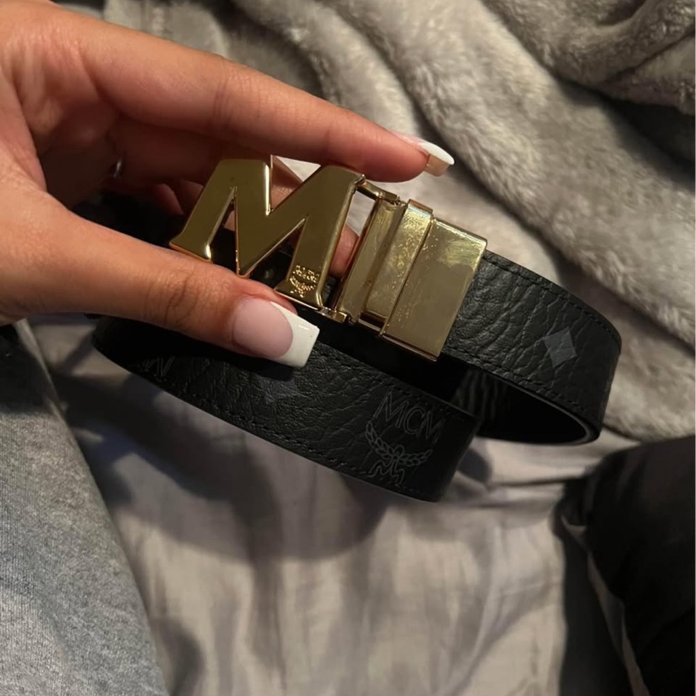 MCM Black Belt with Gold Logo Buckle